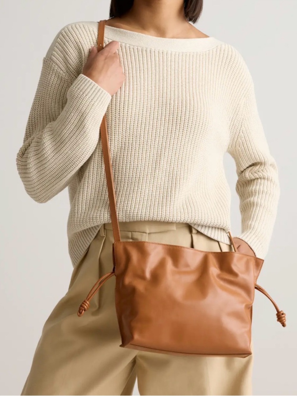 Quince Italian Leather Drawstring Pouch Crossbody Bag in Cognac - Picture 16 of 16